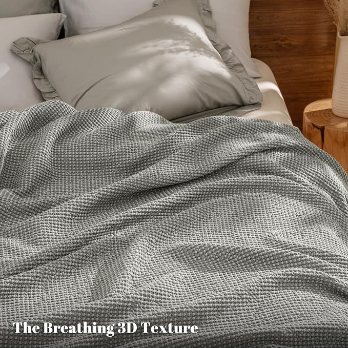 PHF Stone Washed 100% Cotton Waffle Blanket, Vintage Deep Honeycomb Texture, Breathable Thermal Blanket for Bed & Home Decor, All Season Layering - Queen, Frosted Grey
