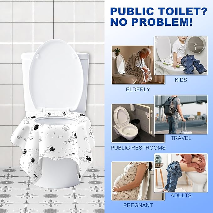 Disposable Toilet Seat Covers (Space Theme)-Extra Large 24.5x25.5in,Safe & Waterproof,4 Adhesive Strips-Fits Kids,Adults,Travel,Public Restroom Airplane,Toddler Potty Training,Indiv Wrapped