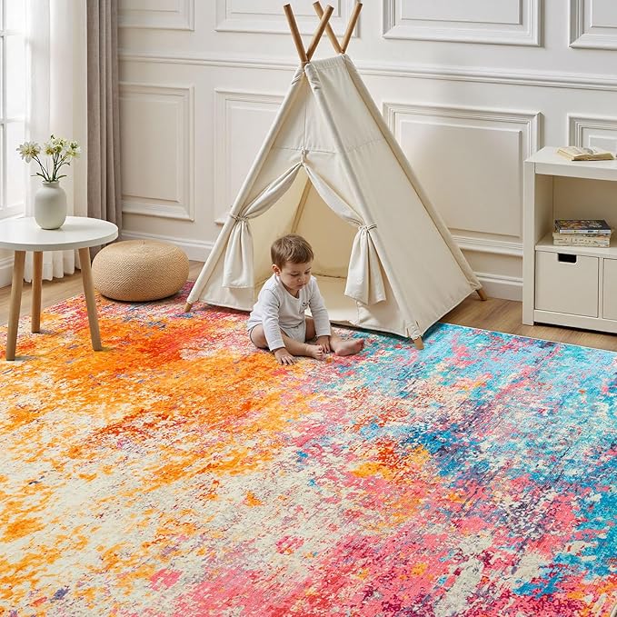 Rugflix 4x6 Area Rugs for Living Room, Washable Colorful Rainbow Large Rug | Machine Washable; Stain-Resistant; Low Pile; Non-Slip; Modern Abstract; Multi-colors Carpet for Nursery Girls Bedroom Home
