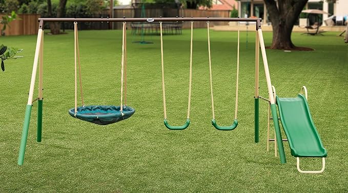 SuperDisc Swing Set with SuperDisc Swing. 5 User Capacity, Easy Assembly, Metal Frame Backyard Playground Set for Kids. with Padded Frame Legs for Safety. 148" L x 93" W x 74" H, by XDP Recreation