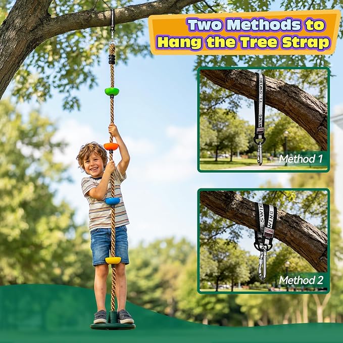HeyZoo Tree Swing for Kids 330LB Capacity, Climbing Rope with Platforms and Disc Swing Seat Set Outdoor Backyard Playground Accessories with Carabiners and Thickened Strap, Green