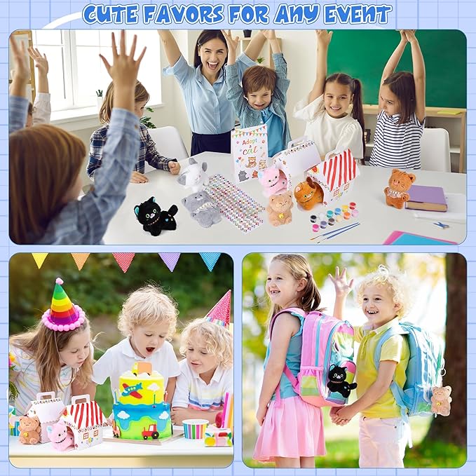 31 Pieces Adopt a Cat Party Favors 12 Mini Plush Stuffed Cats with Keychain Include Adopt a Cat Sign DIY White Cats House, Paint, Brushes & Stickers for Birthday Xmas DIY Craft Party Gifts