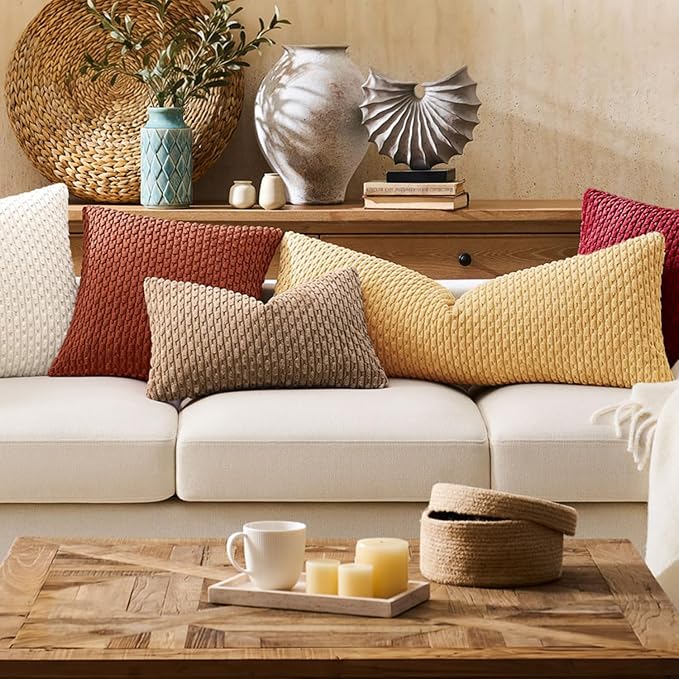 Kevin Textile Soft Corduroy 12"x24" Lumbar Pillow Cover 1 Pack, Khaki | Boho Stripe Plush Corduroy Decorative Oblong Cushion Cover Modern Farmhouse Home Decor for Sofa Couch Bed Chair