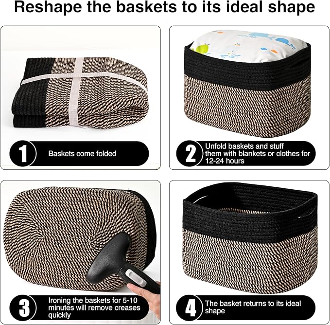 ICERZCZ Storage Baskets for Organizing Shelves, Toy Basket for Kid's Room, Woven Cotton Rope Basket for Decor, Organizing Baskets for Bedroom Living Room, 15"x11"x9.5", 3 Packs, Black & Jute