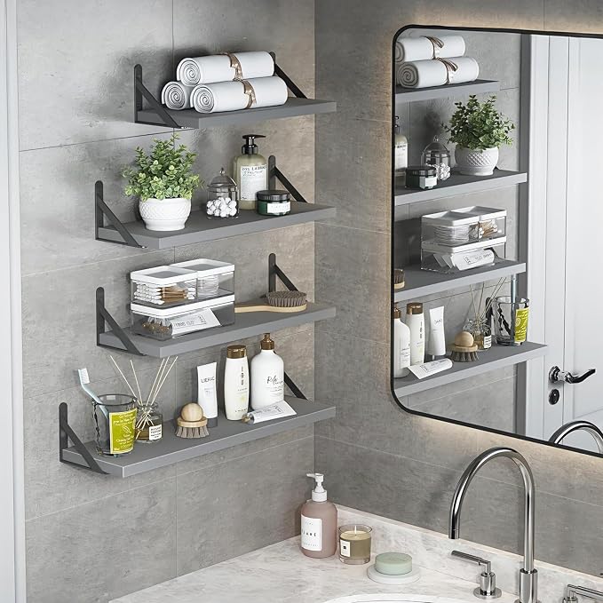 YGEOMER Floating Shelves for Wall, Different Sizes Gray Wall Shelves for Living Room, Bathroom, Bedroom, Kitchen, Home Decor (Set of 4)