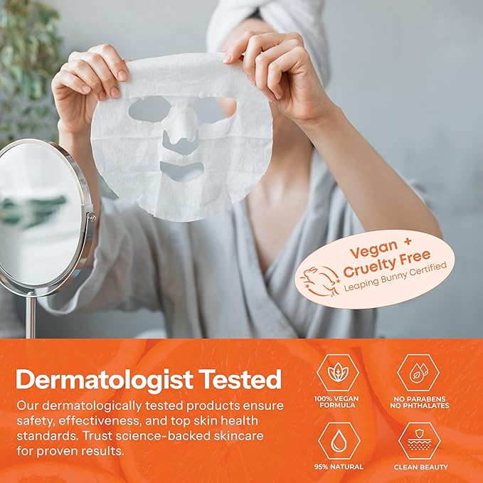 Vitamin C & Collagen Sheet Mask - Anti-Aging, Wrinkle & Age Spot Reducer, Hydrating & Moisturizing - Dermatologist Tested Korean Skincare, Clean Beauty, Cruelty-Free, All Skin Types - 5 Masks