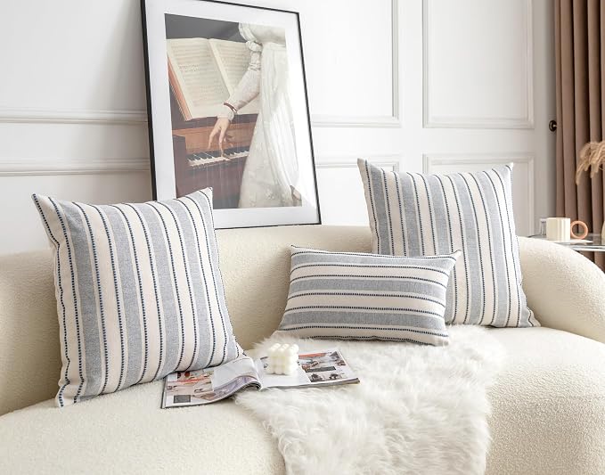 Cethom Decorative Boho Lumbar Throw Pillow Covers, Farmhouse Textured Pillow Case, 12 x 20 Inch Set of 2, Chair Sofa Bedroom Living Room Home Decor Couch Cushion Case, Classic Blue and Beige
