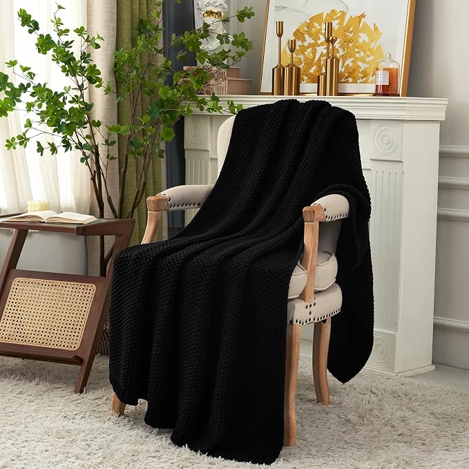 Chunky Cable Knit Throw Blanket Lightweight Black 100% Organic Cotton Blanket for Sofa Couch Bed Baby Nursery, Rustic Shabby Chic Modern Farmhouse, 51” x 63” Give Laundering Bag