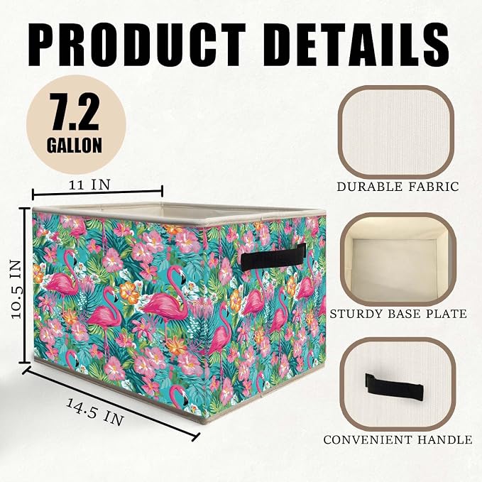 Pink Floral Flamingo Storage Bins Basket, Flamingo Gifts for Women Girls, Tropical Botanical Collapsible Fabric Storage Box Organizer Toybox for Bedroom Bathroom Clothes Books Toys