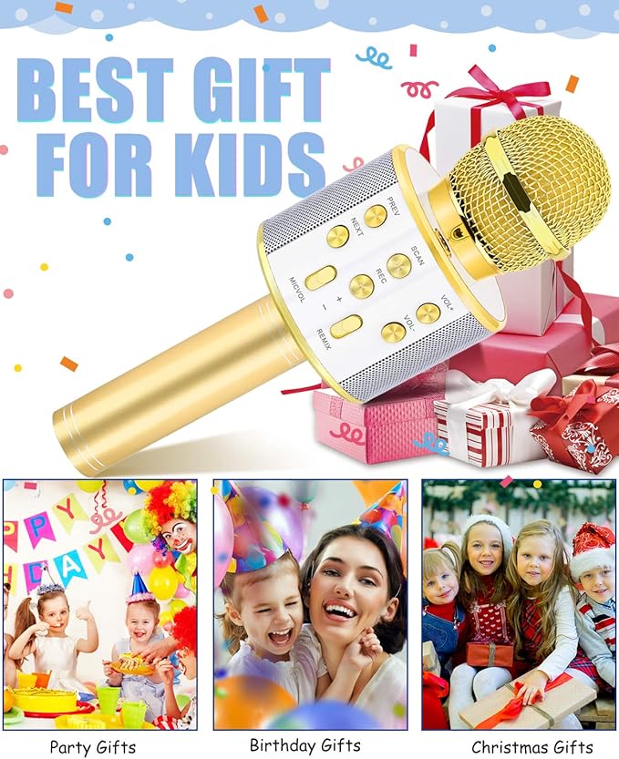 Gifts for 4 5 6 7 8 9 10 11 12 Year Old Girls, Handheld Karaoke Microphone for Kids Fun Toys for 4-13 Year Old Girls Birthday Gifts for 5-13 Year Old Girls Boys Teens - Gold