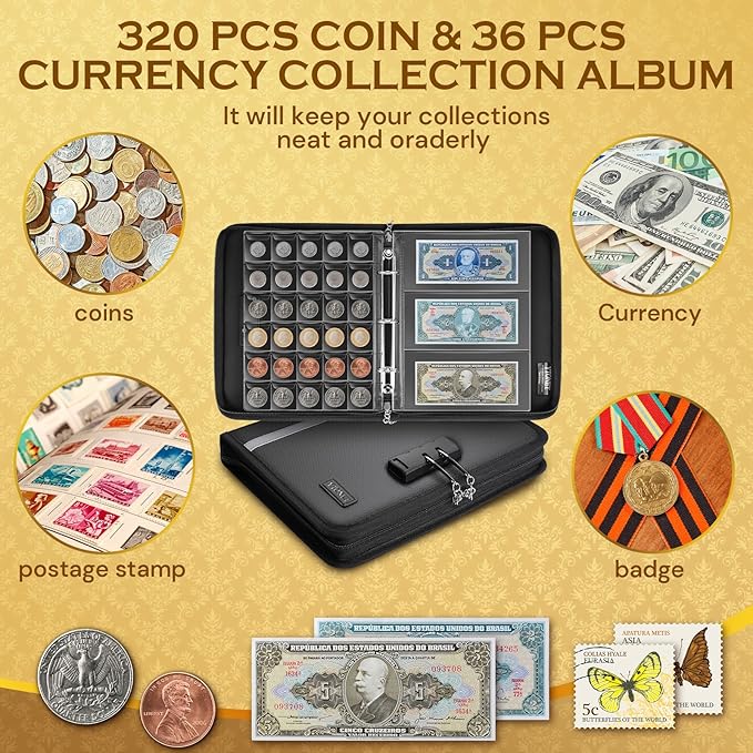 Coin Collection Book Holder for Collectors, Fireproof Coin Collection Supplies with Lock, 320 Pockets Coins Album and 36 Currency Album Storage Organizer, Coins Collector Gifts for Bill, Penny, Black