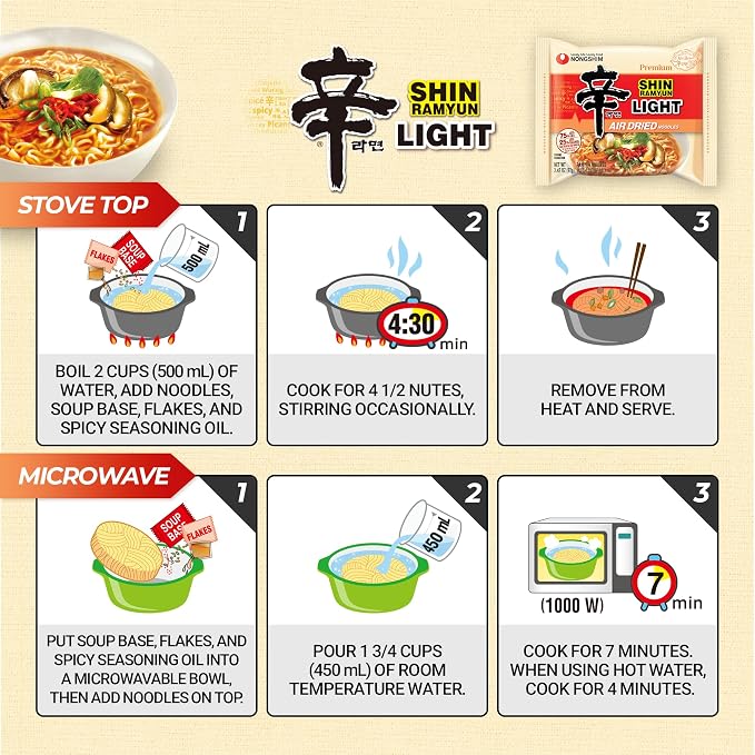 Nongshim Shin Ramyun Light, Air-Dried Korean Ramen Noodles, 4 Pack | Air-dried instant ramen with spicy beef broth, roasted vegetable notes, large vegetable flakes