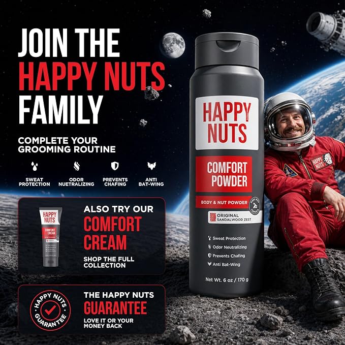 HAPPY NUTS Comfort Powder Deodorant For Men: Anti-Chafing Sweat Defense, Odor Control, Aluminum-Free, 6 oz (3 Pack), Original Scent