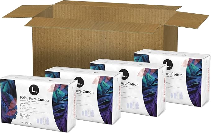 L. Ultra Thin Pads for Women, Overnight Absorbency, Organic Cotton Top Layer, Unscented Pads with Wings, 96 Count (4 Packs of 24)