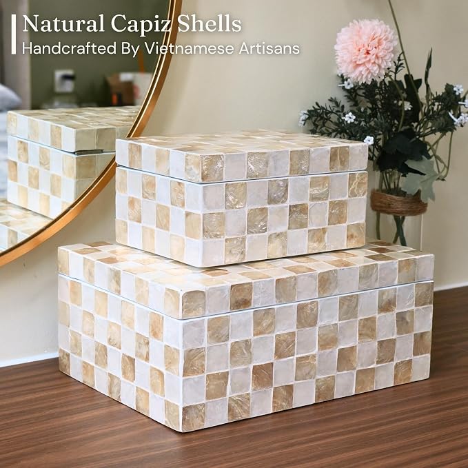 12"x8" Capiz Shell Decorative Boxes with Lids, Ivory, Set 2 | Lidded Storage Keepsake Boxes For Photos, Letters & Jewelry, Decorative Beige Keepsake Trunk, Trinket Boxes For Home Decor