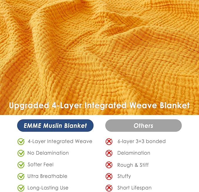 EMME Muslin Blankets for Adults Throw Blanket for Couch Breathable Gauze Soft Lightweight Airy Mustard Yellow Twin XL 66" x 90"