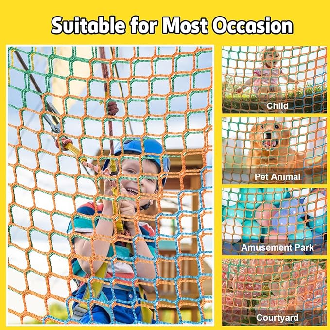 Climbing Net for Kids - 9.9FT x 6.6FT Double Layers Heavy Duty Playground Safety Net, Climbing Cargo Net for Tree House Tree Fort, Back Yard, Jungle Gyms, Monkey Bar Security Mesh(Rainbow)