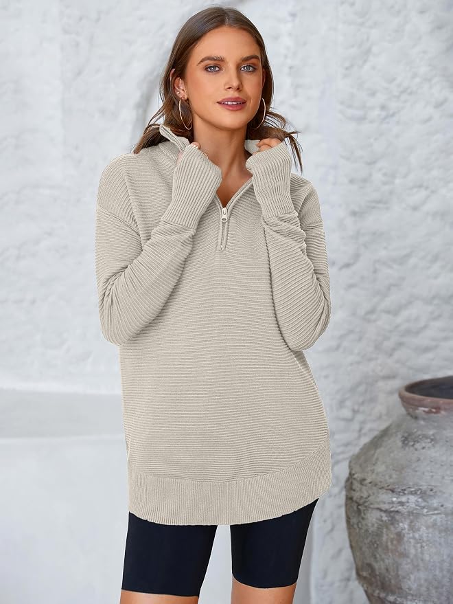PRETTYGARDEN Womens Long Sleeve Quarter Zip Pullover Sweater Casual Loose V Neck Collared Ribbed Knit Jumper Tops Thumb Hole