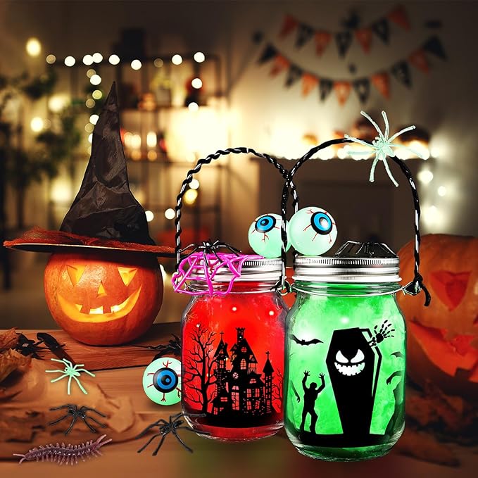 Halloween Crafts for Kids, 4 PCS Mason Jar with Accessories for DIY Craft, Art Party Favor Supplies, Halloween Decoration Trick or Treating, Classroom Art Activities