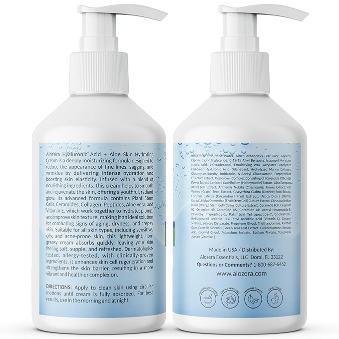 Alozera Hyaluronic Acid Face & Body Lotion with Aloe Vera, Daily Moisturizing Lotion for Dry Skin Hydration & Refresh, Non-Greasy, Lightweight, Fragrance-Free Moisturizer, 16.9 oz