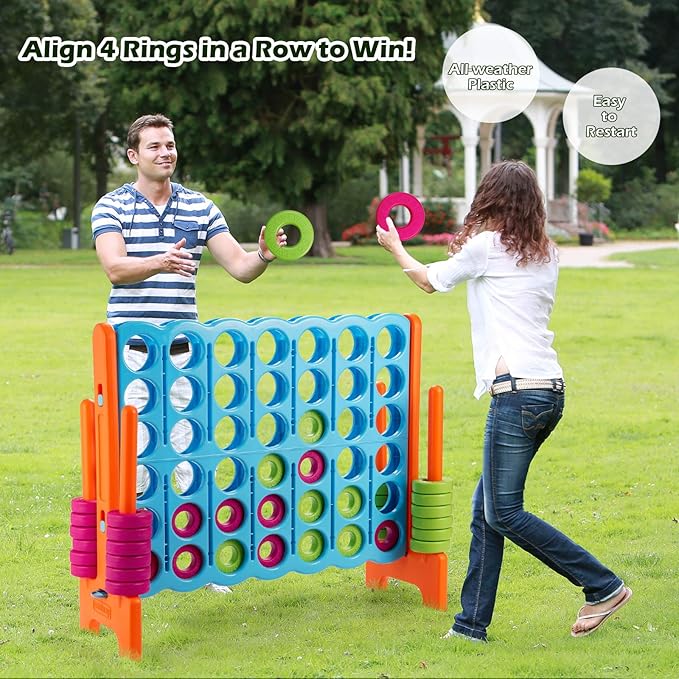 COSTWAY Jumbo 4-to-Score Giant Game Set, 4 in A Row for Kids and Adults, 3.5FT Tall Indoor, Outdoor Set with 42 Jumbo Rings & Quick-Release Slider, Ideal for Holiday Party, Family, Baby Blue