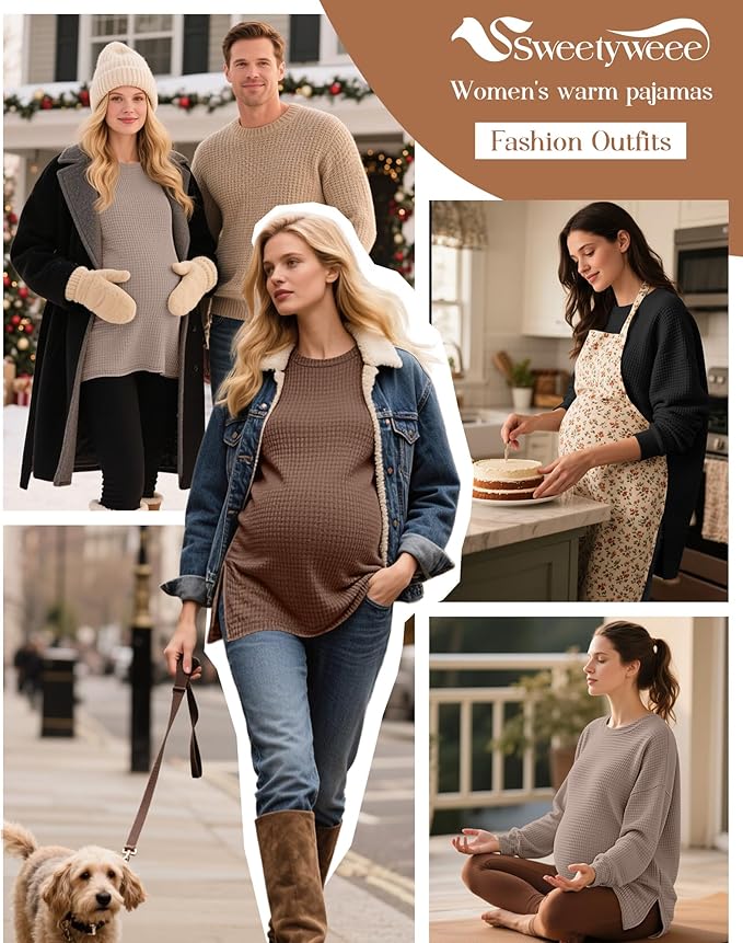 3 Pack Women's Maternity Shirts Long Sleeve Waffle Knit Side Split Oversized Tops Pregnancy Clothes Fall Tees