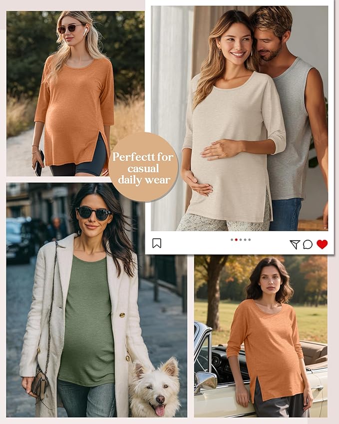 3 Pack Women's 3/4 Sleeve Maternity Shirts Elbow Length Clothes Round Neck Tunics Pregnancy Loose Side Split Tops
