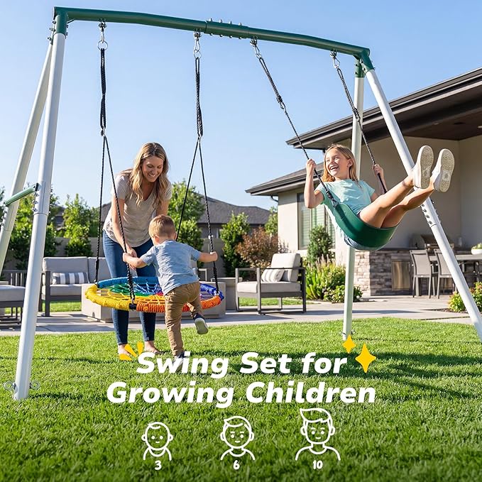 Hapfan 7.5ft Tall Swing Sets for Backyard, 500lbs Heavy Duty Metal Swing Set for Kids and Adults with Spider Swing and Belt Swing, A-Frame Outdoor Swingset Play Equipment (Green and White)