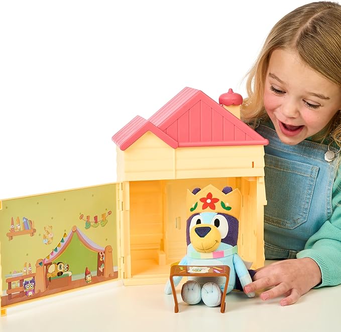 Bluey Play Date Plush Surprise, Decorate House with Stickers, Attach The Play Time Sign, Then Open The Door for a Surprise Plush to Appear, Plush Style May Vary