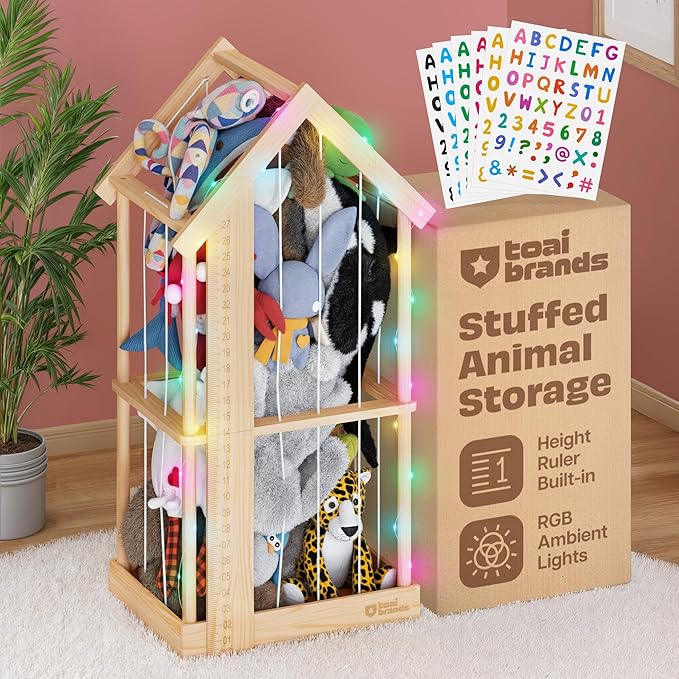 Stuffed Animal Zoo Storage Cage | Wooden Plush Tower Storage | Durable Plush Toy Stuffie Holder | Vertical Jail Organizer with Height Ruler, Stickers & RGB Light (Small)