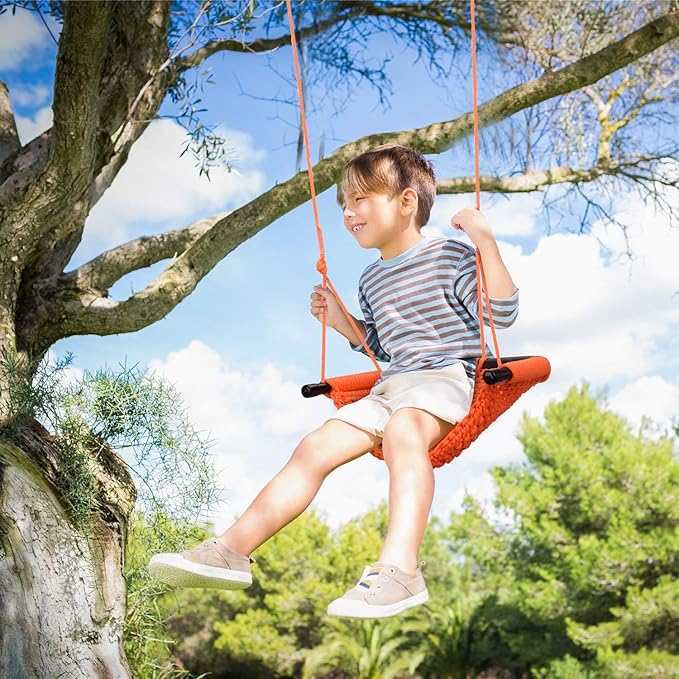 JKsmart Swing Seat for Kids Heavy Duty Rope Play Secure Children Swing Set,Perfect for Indoor,Outdoor,Playground,Home,Tree,with Snap Hooks and Swing Straps,440 lbs Capacity,Orange