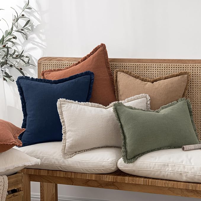 MIULEE Linen Fringe Decorative Euro Throw Pillow Covers Dark Navy 22x22 | Set of 2, Cottagecore Decor, Boho Farmhouse Coastal Pillow Covers, Rustic Couch Cushion Cases for Sofa Bed Living Room