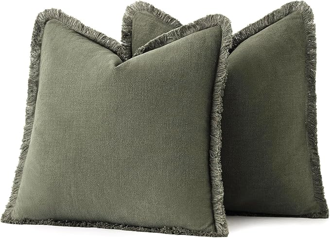 MIULEE Boho Linen Fringe Decorative Throw Pillow Covers Olive Green 18x18 | Set of 2, Cottagecore Decor, Boho Farmhouse Neutral Pillow Covers, Rustic Couch Cushion Cases for Sofa Bed Living Room