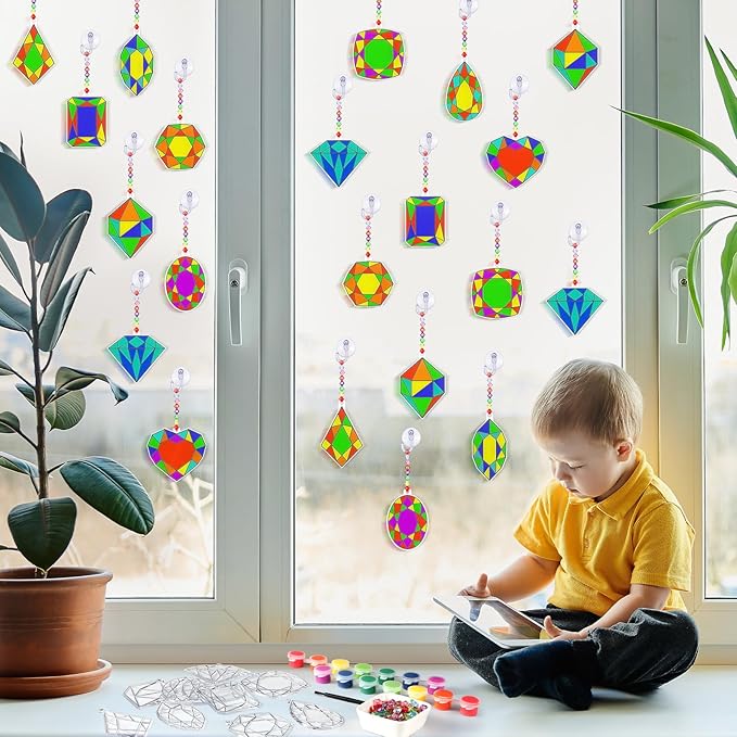 30 Sets Jewel Suncatchers Window Art Kits, DIY Sun Catchers Bulk Crafts Paint Your Own Window Jewel Gemstone Diamond Ornaments for Boys Girls Classroom Home Party Birthday Activity Decor