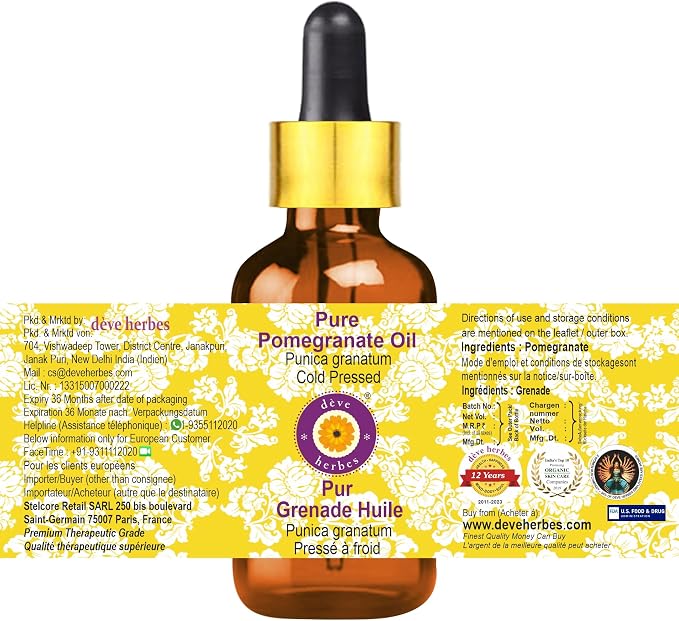 dève herbes Pure Pomegranate Oil (Punica granatum) with Glass Dropper Cold Pressed 10ml (0.33 oz)