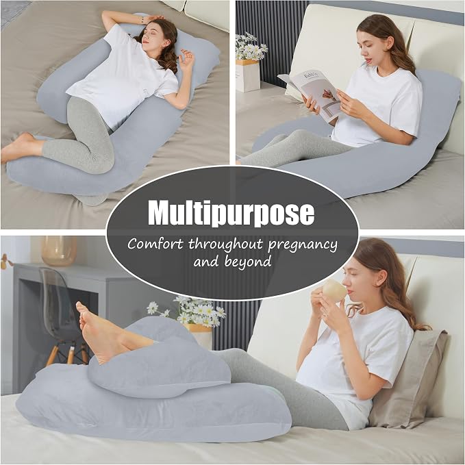 HIPHOP PANDA U-Shaped Pregnancy Pillow for Sleeping - Full Body Maternity Support Pillow with Cooling Removable Cover - Comfort for Back, Hips, Legs, Belly - 57 Inch for Pregnant Women, Light Grey