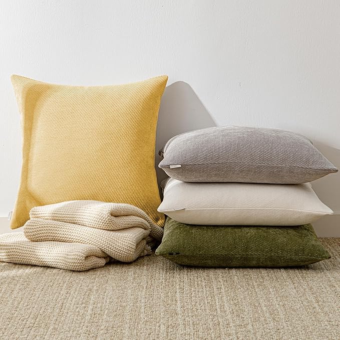 Fall Decorative Throw Pillow Covers Pack of 2,16x16 Inch Mustard Yellow | Twill Chenille Cushion Covers for Sofa Living Room Couch Bed