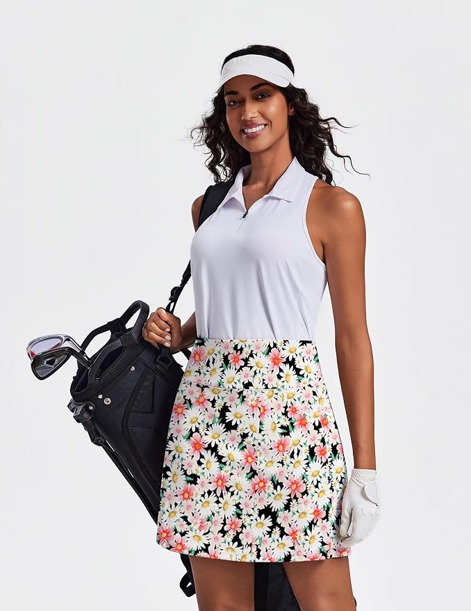 PINSPARK 19" Knee Length Skorts for Woman with Pockets UPF 50+ Golf Skirts | 4 Pockets, Built-in Shorts, High Waisted & Tummy Control, Moisture-wicking for Golf Athletic Tennis Workout Casual