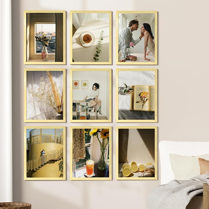 Vittanly 12x16 Picture Frames Set of 9 for Wall Mounting, Gold | Display Pictures 11x14 with Mat or 12x16 without Mat, Engineered Wood with Shatter Resistant Plexiglass, Gallery Photo Frames