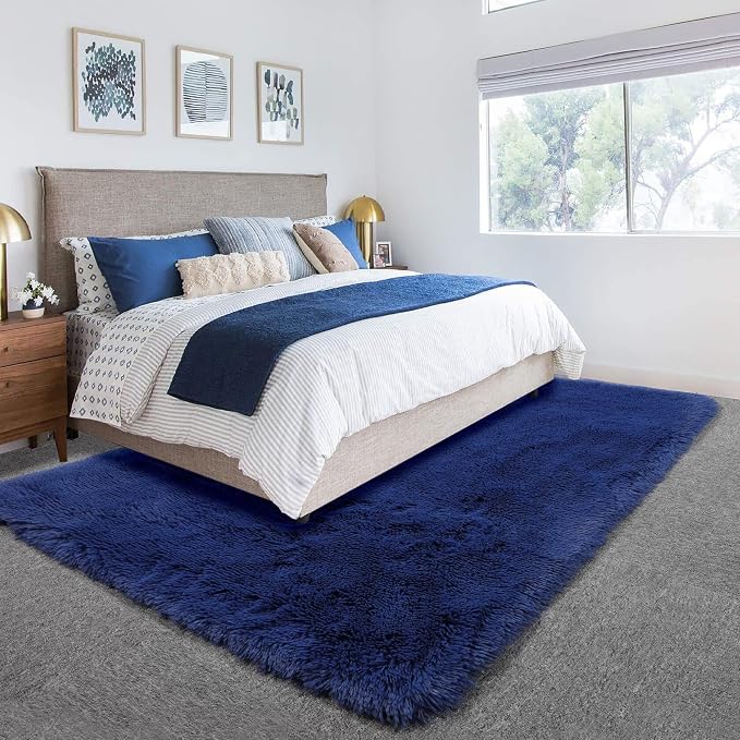 Amdrebio Navy Blue Furry Shaggy Area Rug 5x7 for Boys Bedroom Living Room | Fluffy Shag Plush Kids Carpet, Baby Nursery Playroom Classroom Apartment Decor, Coastal Aesthetic Ocean Nautical, Royal Blue