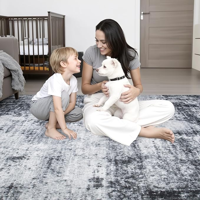6x9 Area Rug Living Room Rug: Washable Modern Abstract Soft Thin Rug Indoor Floor No Slip Stain Resistant Carpet for Bedroom Dining Room Farmhouse Nursery Home Office - Dark Black