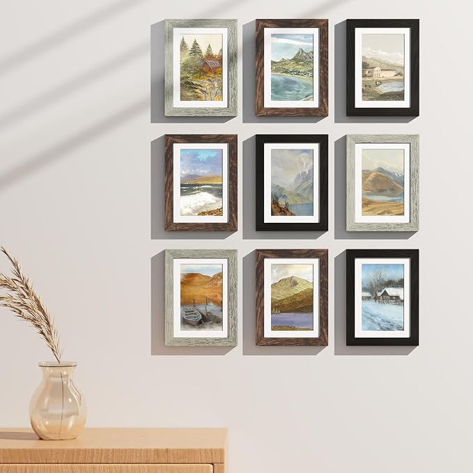 Vittanly 5x7 Picture Frames Set of 9, Wall & Tabletop, Black&Brown&Grey | Display Pictures 4x6 with Mat or 5x7 without Mat, Small Photo Frames, Engineered Wood with Shatter Resistant Plexiglass