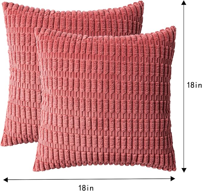 Pack of 2 Corduroy Decorative Throw Pillow Covers 18x18 Inch, Cranberry Red | Fall Soft Striped Pillow Covers Modern Farmhouse Home Decor Christmas Throw Pillow Covers for Sofa Living Room Couch Bed