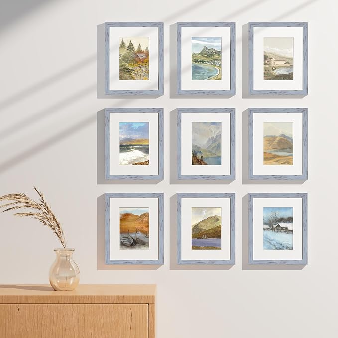 Vittanly 8x10 Picture Frames Set of 9, Wall & Tabletop, Vintage Blue-Gray | Display Pictures 5x7 with Mat or 8x10 without Mat, Small Photo Frames, Engineered Wood with Shatter Resistant Plexiglass