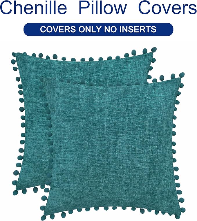 CaliTime Decorative Couch Throw Pillow Covers 22 X 22 Inches Teal | Pack of 2, Cozy Chenille Cushion Cases, with Pom Poms for Sofa Bed Living Room Farmhouse Home