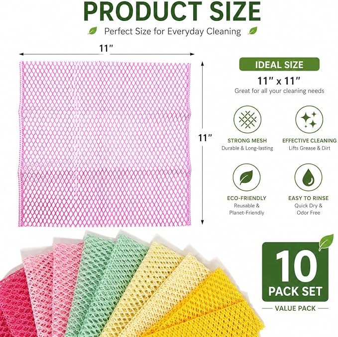 OliviaTree Dish Scrubber 10 Pack, Non Scratch Reusable Mesh Scrub Cloth for Dishes Pots Pans Sink, Quick Dry Odor Resistant Sponge Alternative, Korean Kitchen Cleaning Pad 11x11 Inch