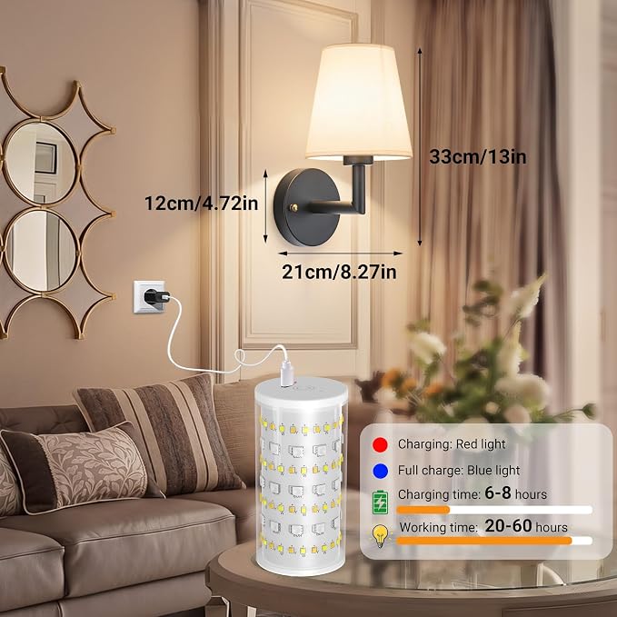 Nekhung Battery Operated Wall Sconce, Peel and Stick Sconces Set of 2 | Wireless Adhesive Stick On Wall Sconce, 10000mAh Rechargeable RGB Bulb with Remote, No Drill Wall Light for Bedroom Decor