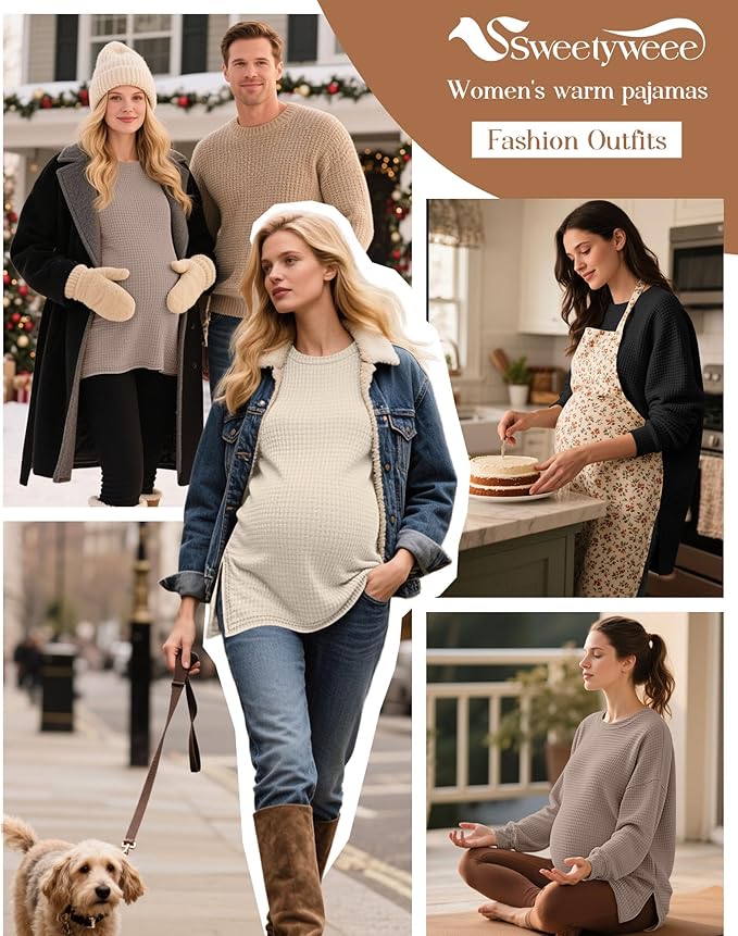3 Pack Women's Maternity Shirts Long Sleeve Waffle Knit Side Split Oversized Tops Pregnancy Clothes Fall Tees