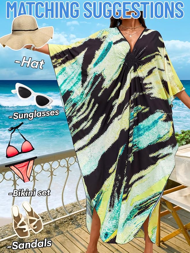 ChiaoLezhee Print Moo-Moos for Women, Kaftan Cover-Up Dresses, Sexy V-Neck High-Slit, Beach Pool-Party Coverups Muumuu Plus