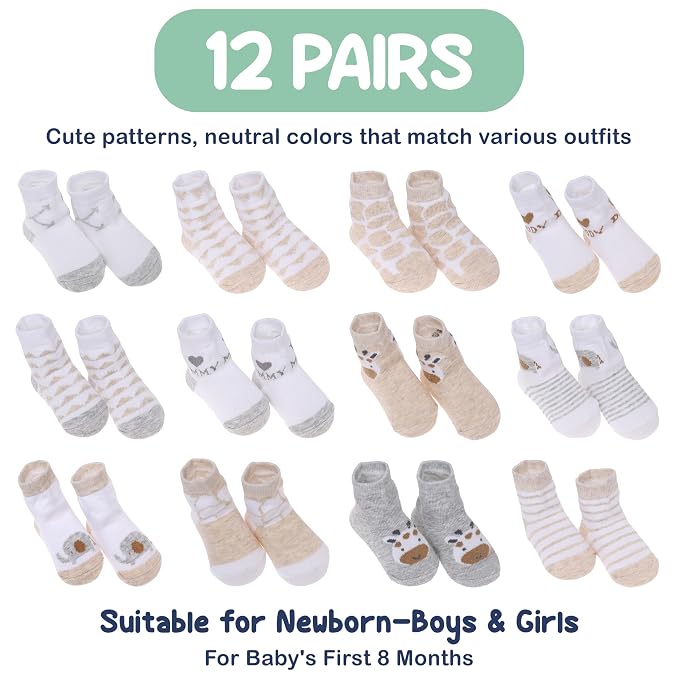 Mother's Choice Organic Cotton Baby Socks 0-6 Months - 12 pairs Soft and Cozy Newborn Gap Socks for Boys & Girls, Gentle Infant Wear, Ideal Baby Registry for Everyday Comfort for Babies
